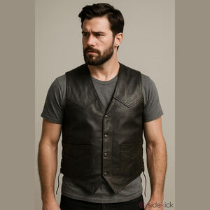 SHAF Black Leather Vest Size 54 Lace Up Sides Motorcycle Biker